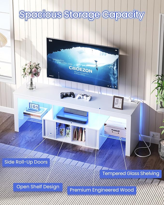TV Stand with Power Outlet Modern TV Cabinet for 55 60 inch TVs Media TV Console with LED Light Strip Media Entertainment Center with Storage for Living Room Bedroom White MDS02UDWB