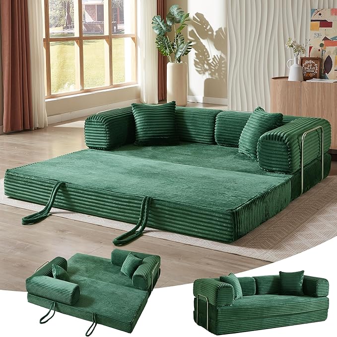 81 Inch Convertible Folding Sofa BedFold Out Floor Sofa Couch with Fixed-Shape FrameCorduroy Foldable Mattress Cloud Couch for Living Room Bedroom (Green)