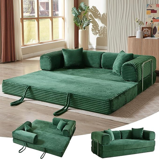 81 Inch Convertible Folding Sofa BedFold Out Floor Sofa Couch with Fixed-Shape FrameCorduroy Foldable Mattress Cloud Couch for Living Room Bedroom (Green)