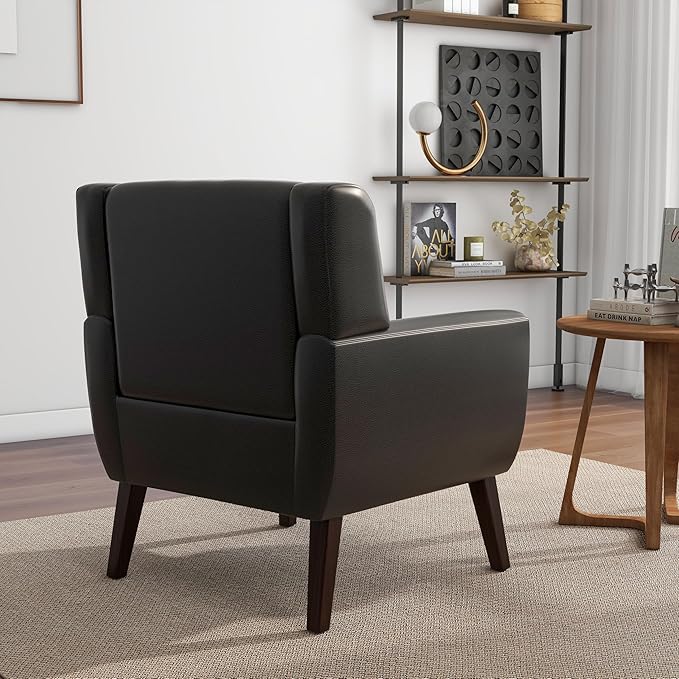 Accent Chair Mid-Century Modern PU Leather Chairs with Arms for Living Room Comfy Upholstered Club Single Sofa Armchair for Bedroom Waiting Room with Solid Wood Frame（Leather Black Set of 2)