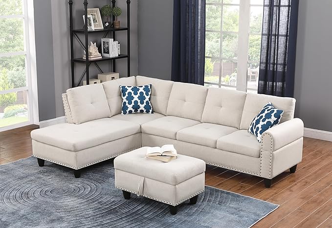 Wakefit Sectional Sofa Couch Modern 4-Seaters Living Room Furniture Sets with Chaise Lounge Ottoman &amp 2 Pillows | L Shape Couch | Cup Holder | Linen Fabric Beige