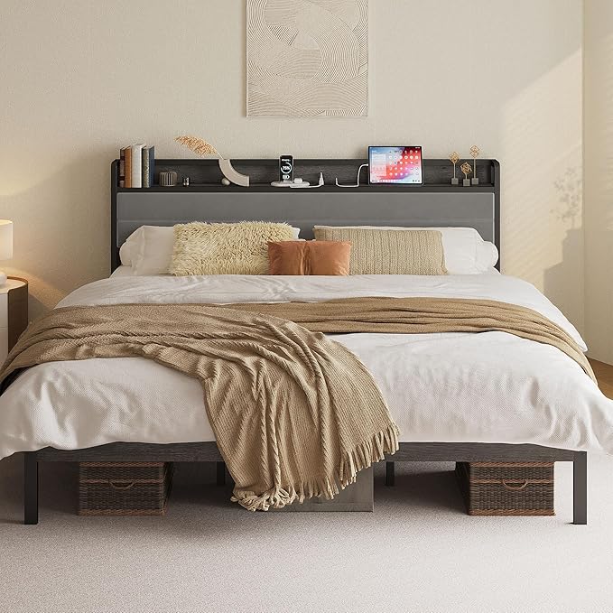 LIKIMIO King Size Bed Frame with Storage Headboard &amp LED Lights Metal Platform Bed with Charging Station Noise Free No Box Spring Needed Under Bed Storage Charcoal Gray
