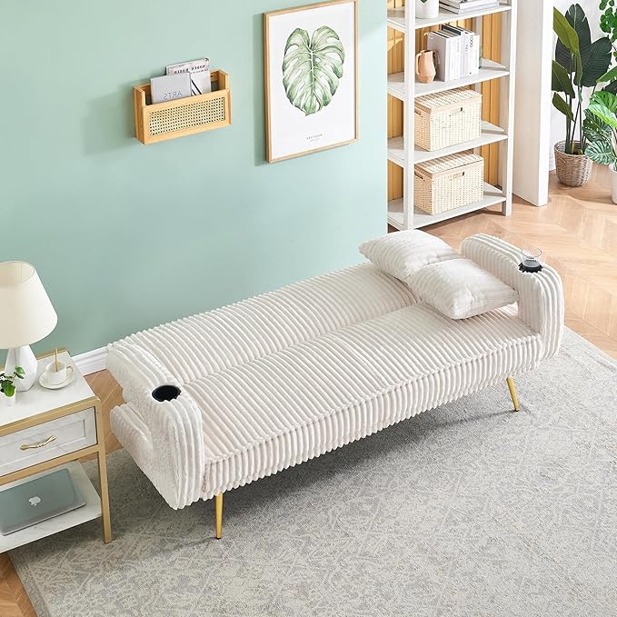 73 Convertible Futon Sofa BedComfy Teddy Fabric Sleeper Couch with 3 Reclining BackrestsGolden Chrome LegsModern Cloud Sofa Loveseat for Small Living Room Office (Beige)