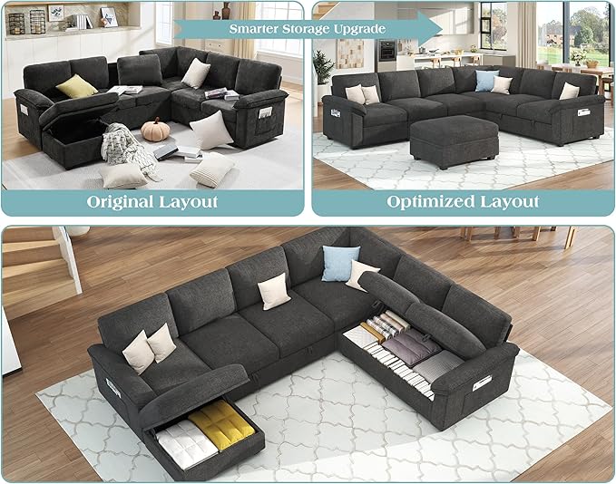 VanAcc 105 Sofa Bed Sectional Sleeper Sofa with Pull Out Bed/Reclining Backrest Sleeper Couch Bed with Storage 6 Seater Couch Bed for Living Room Chenille Dark Gray