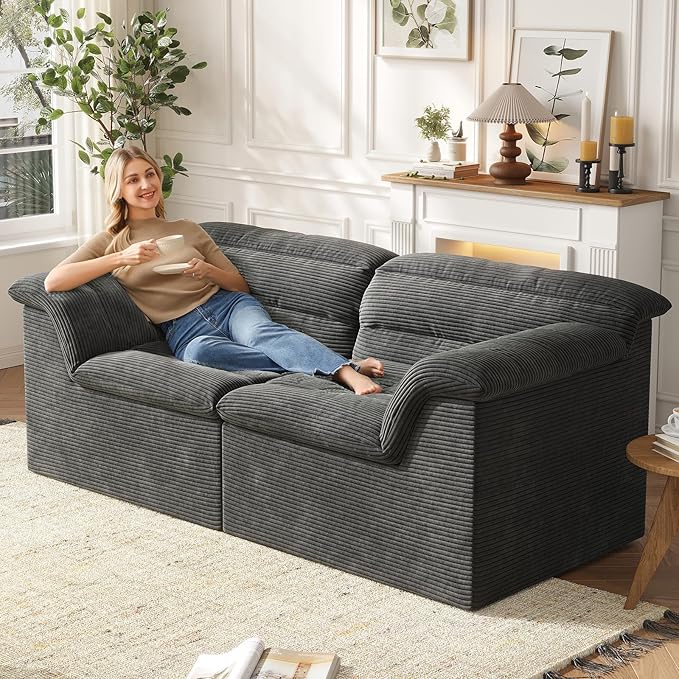 88 Sofa with Deep Seats Oversize 3 Seater Cloud Couches Upholstered Corduroy Couch for Living Room Bedroom No Assembly Required Dark Gray