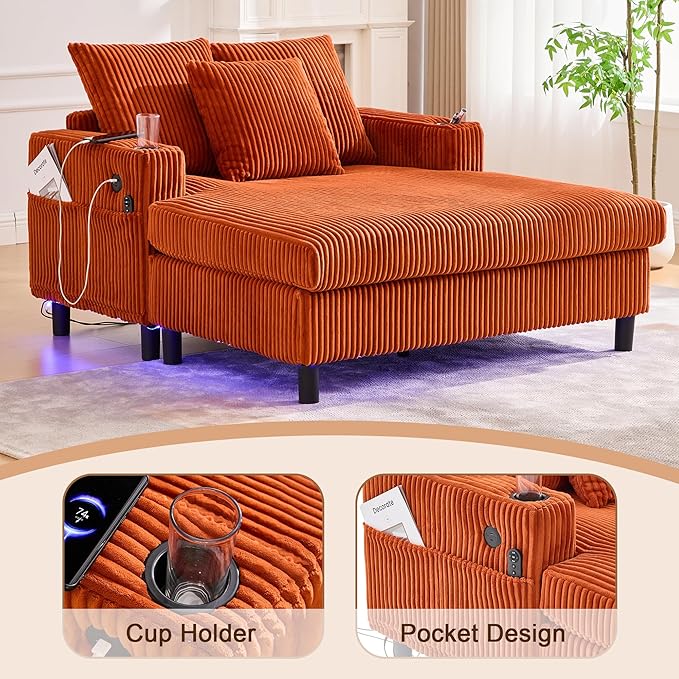 KEIKI 50 W Corduroy Oversized Recliner Single Sofa Couch with Deep Seat3 PillowsUSB ChargingCup Holder and Side Pocket Design