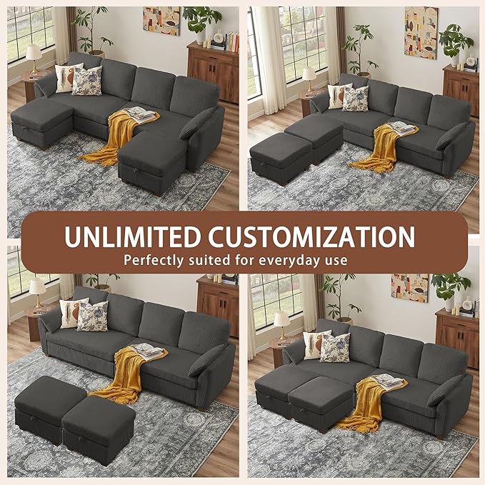 4-Seater U Shaped Sofa with 2 Storage Ottomans Comfortable Corduroy Fabric Convertible Sectional Couch with 2 Pillows Modern Couches for Living Room (Dark Grey)