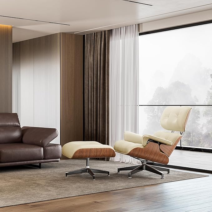 Top Cream White Grain Leather Mid Century Chaise Lounge Chair and Ottoman Modern Chair Classic Design Walnut Wood Heavy Duty Base Support for Living Room Office