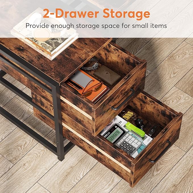 Tribesigns 55 Inch Computer Desk with 2 Drawers and Storage Shelves Rustic Office Desk with Hutch Study Writing Gaming Table Laptop Workstation for Home Office (Brown)