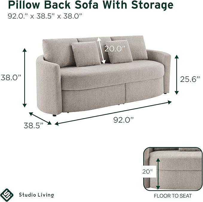 Studio Living® Beckett 92 Storage Sofa Modern Farmhouse Pocket Coil Comfort Easy Assembly Chenille Fabric Taupe