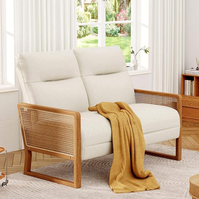 Alunaune Modern Loveseat Bench Couch with Natural Rattan Arm Upholstered Linen Small Love Seat Sofa 2-Seats Living Room Couch Settee Comfy Lounge Recliner Chair-Ivory