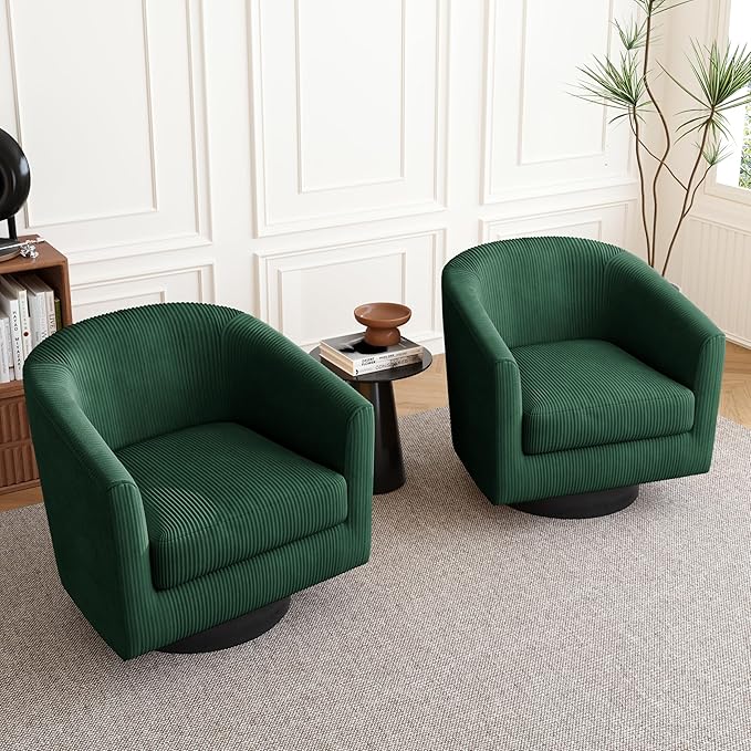 Lumibee Swivel Accent Barrel Chairs Set of 2 Upholstered Comfy Swivel Round Barrel Chair 360° Rotation Single Sofa Club Armchair for Living Room Reading Room Bedroom Corduroy Dark Green