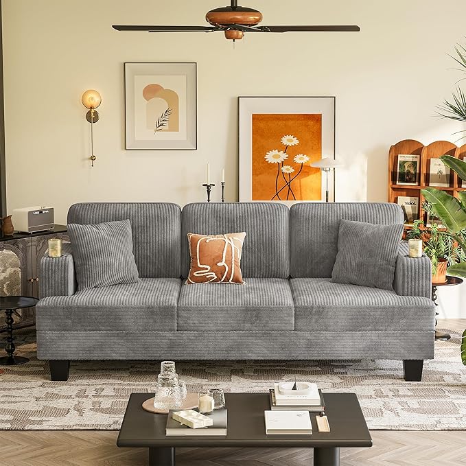 YESHOMY Couches for Living Room Comfy Corduroy Cloud Couch 3 Seater Sofa with Deep Seat Modern Couch with 2 Pillows and 2 Cup Holders for Apartment (Gray) | Deep Seat Cloud Cousion Soft Pillows