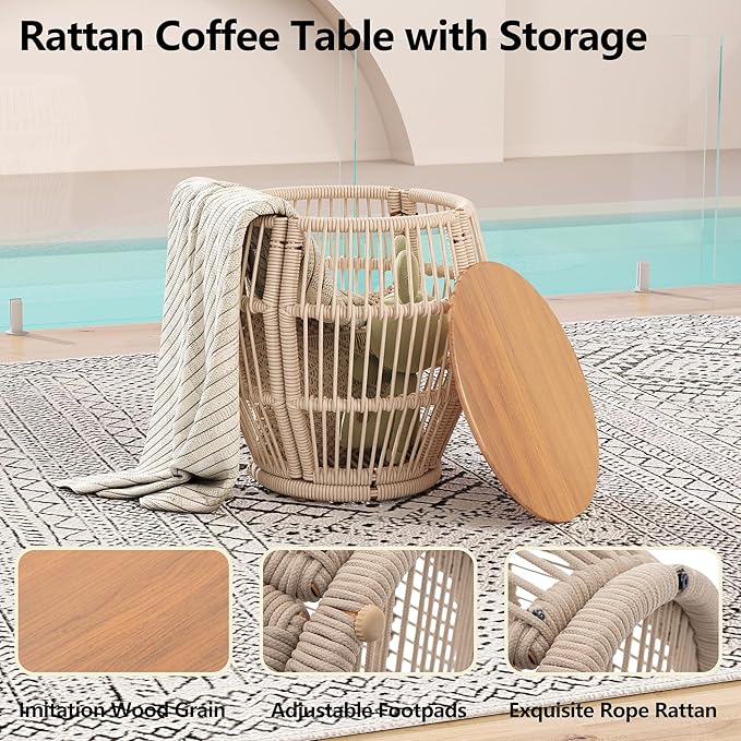 Modern Living Room Chairs Accent Chairs Set of 2 with Coffee Table Comfy Arm Chair with Cushions Rattan Reading Lounge Chair with Metal Frame Armchair for Bedrooom/Indoor/Outdoor Beige