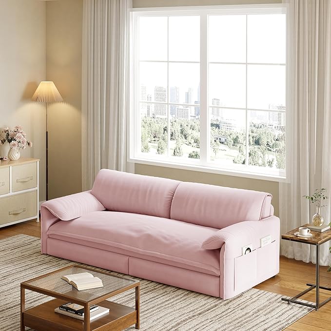 healthomse 66 Queen Size Sleeper Sofa Bed 3-in-1 Convertible Pull Out Sofa Bed with Side Storage Modern Velvet Loveseat for Living Room Bedroom Apartment Office Lounge (Dark Pink 66inch)