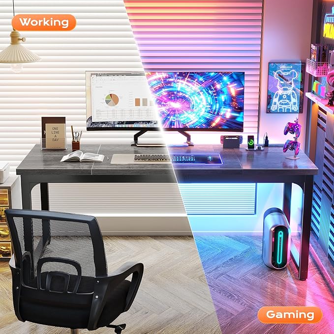 Huuger 63 x 24 inch Desk with Power Outlets &amp USB-C Deeper &amp Thicker Desktop Robust Metal Tubes Computer Desk Heavy Duty Office Desk Work Gaming Desk for Home Office Grey