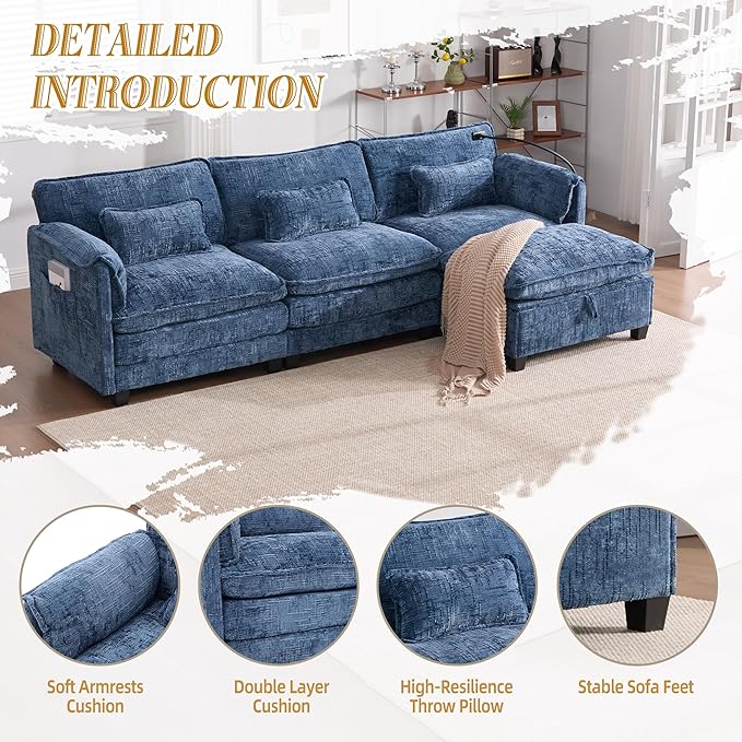 KEIKI 110 L-Shaped Boucle Modular Sectional Chenille Sofa with 1 Ottoman &amp Memory Foam Cushion &amp Phone Holder &amp USB Upholstered Modern Oversized 4-Seater Couch Easy Assembly for Living