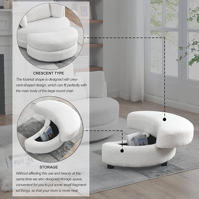 39 Swivel Barrel Chair Accent Chair with Storage Ottoman for Living Room Modern Round Upholstered Single Sofa Couch Chair for Apartment Bedroom Teddy Fabric White