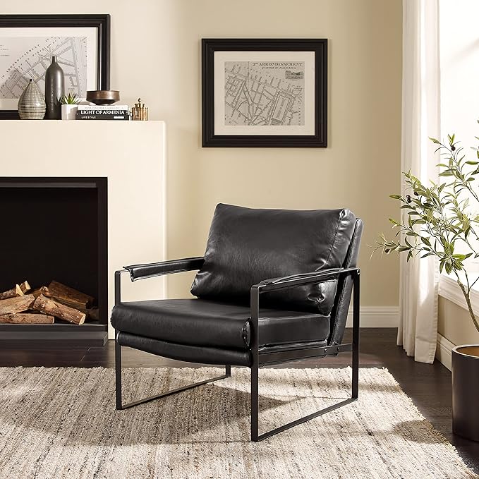 Art Leon Mid Century Modern Accent Chair Faux Leather Armchair with Black Metal Legs Single Lounge Side Chair for Living Room Bedroom Small Spaces Black