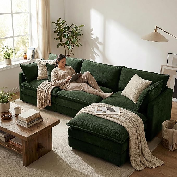 Homy Casa 102 Inch L Shaped Couch Set3-Seat Sectional Sofa with Chaise Comfortable Chenille Fabric Removable Cushions Ottoman DIY CombinationModern Design for Living/Family Room (Green)