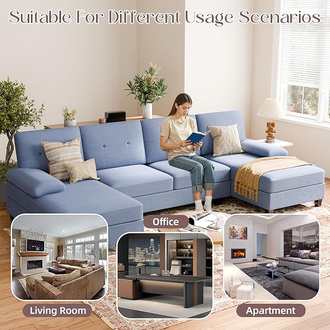Shintenchi U-Shaped Sectional Couches for Living Room 4 Seat Sofa with Double Chaise LoungesSolid Wood Frame Sectional Sofa for ApartmentBlue