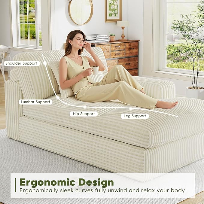 Oversized Chaise Lounge Sofa Chair IndoorSoft Corduroy Fabric Boneless sofawith CushionA Comfortable deep-Seated Cloud Sofa for use in The Living Room.(Singler-Right-arm-White)