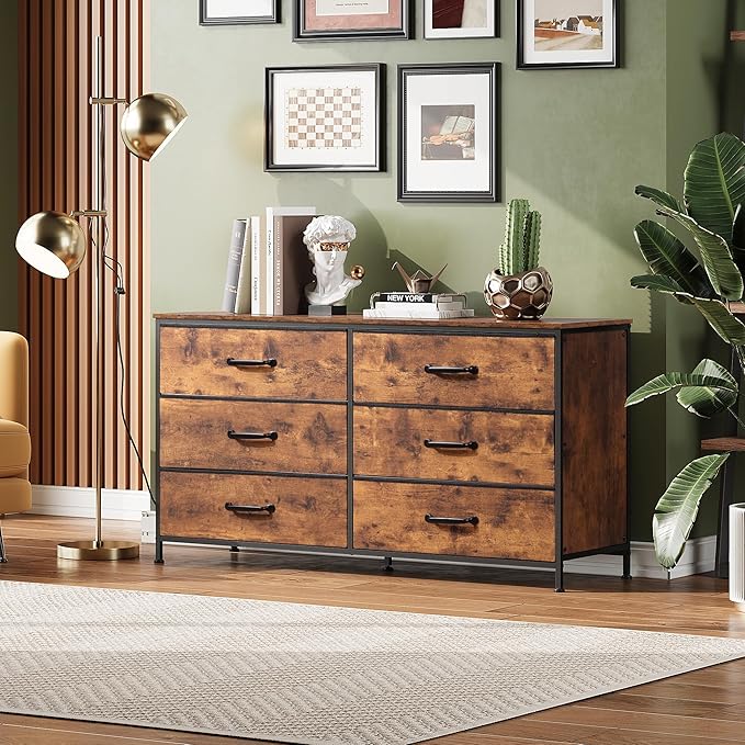 WLIVE Large Dresser for Bedroom with 6 Fabric Drawers Wide TV Stand for 50 55 60 inch TV Long Chest of Drawers with Deep Drawer for Closet Bedroom Living Room Hallway Rustic Brown