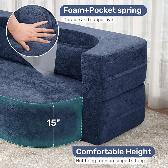78 Convertible Sofa Bed with Pillows Queen Sleeper SofaFoam Folding Mattress Sleeper Modern Teddy Fabric Floor Cushion and Futon Chaise Lounge SofaFor ApartmentsGuest RoomsGuest UseCondoBlue