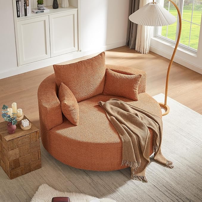 360° Oversized Swivel Barrel Chair Oversized Chenille Upholstered Reading Lounger Accent Round Sofa Chair with 5 Throw Pillows and Thicked Cushions for Living Room Bedroom (Orange Red)