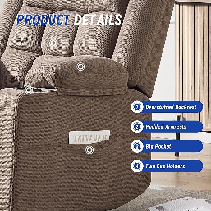 Swivel Recliner Chair for Adults with Massage and HeatManual Glider Rocking Recliner Chair with Cup Holds and PocketsReclining Rocker Chairs for Living Room R8817 (Coffee)