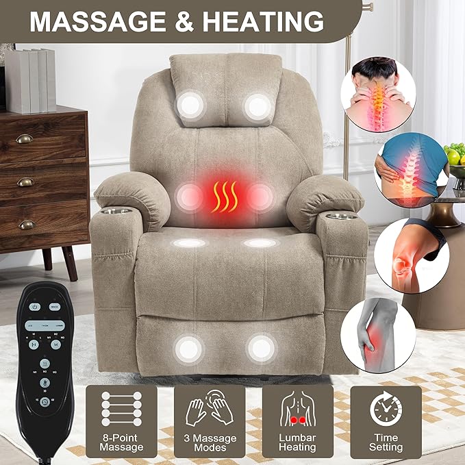 Power Lift Chair with Massage &amp Heat Electric Recliner Chairs for Adults Remote Control Sofa for Living Room Standing Assistance USB Ports Stainless Steel Cup Holders (Chenille Khaki)