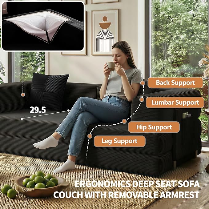 78.8 Convertible Sofa Bed with Armrest Pillow 4-in-1 Sleeper Couch Bed for Livingroom Modular Corduroy Boneless couches No Assembly (Black)
