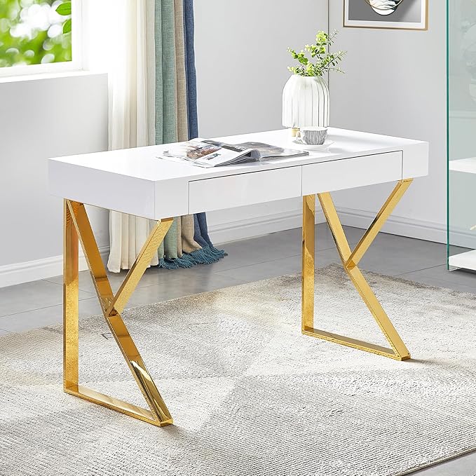 Best Master Furniture Benson High Gloss Modern Lacquer Home Office Desk Gold