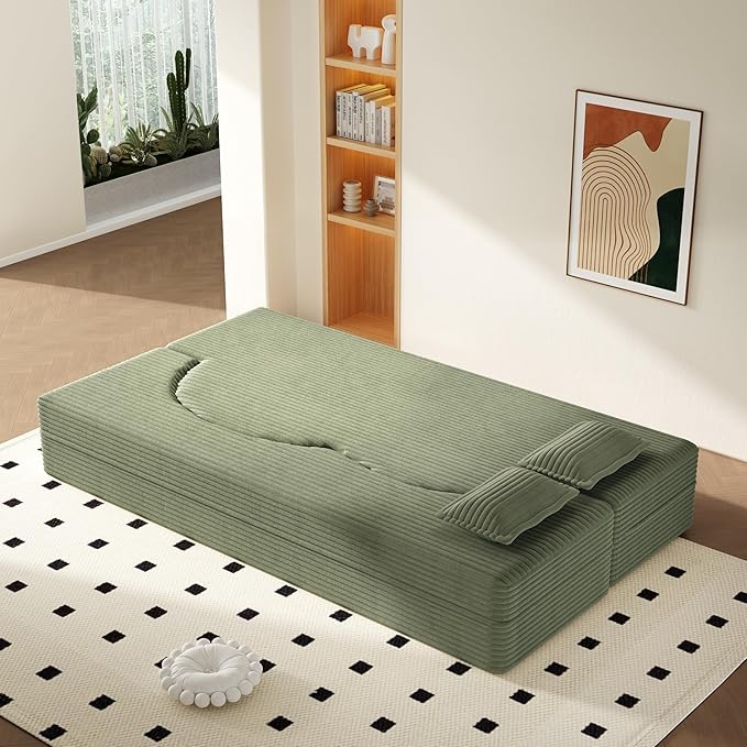 78” Floor Sleeper Sofa Bed Modern 2 in 1 Full Size Foldable Mattress with 2 Pillows Convertible Boneless Couch with Deep Seat for Living Room No Assembly Required (Green &amp Corduroy) | No Assemb
