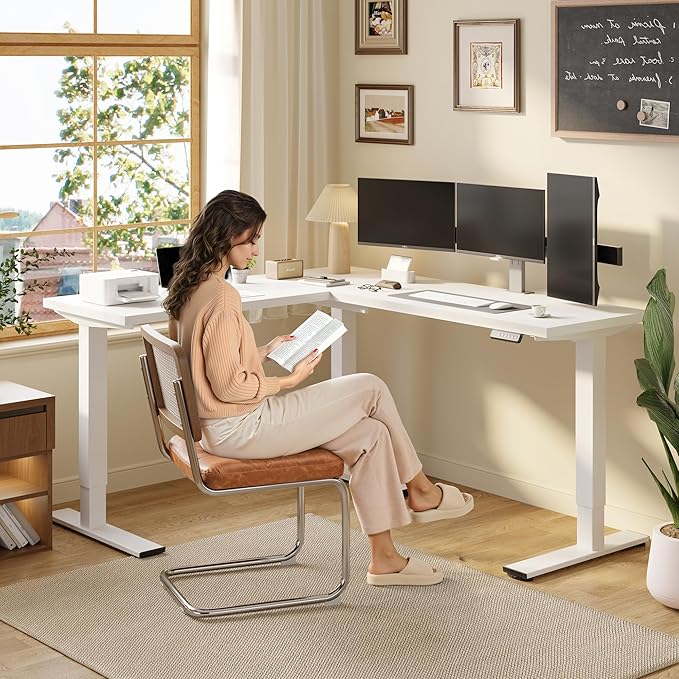 SANODESK Electric Height Adjustable 3 Leg Corner Desk Frame up to 220lbs Sit Stand Ergonomic L Shaped Frame Only White