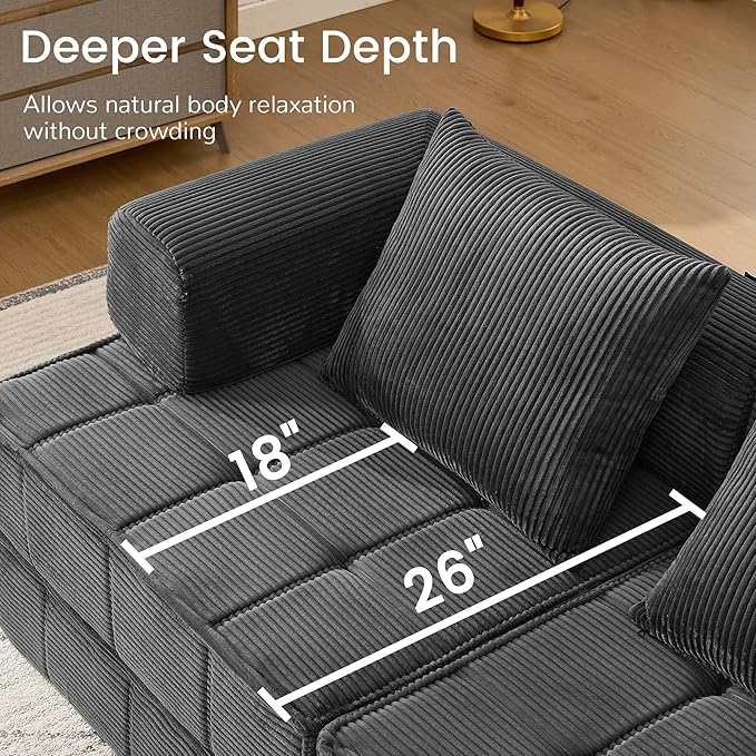 6-in-1 Convertible Sleeper Sofa Bed Corduroy Folding Mattress Couch with Fixed-Shape Frame Modular Foldable Boneless Couch Loveseat Couches with 2 Pillows for Living Room Bedroom Grey