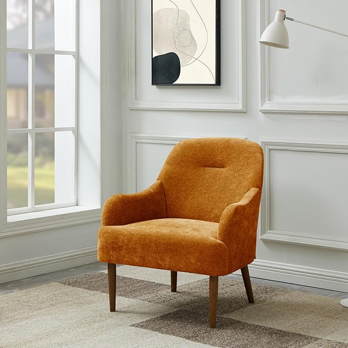 Chenille Armchair Modern Style Accent Chair with Wood Legs Comfy Design for Living Room Bedroom Office Orange