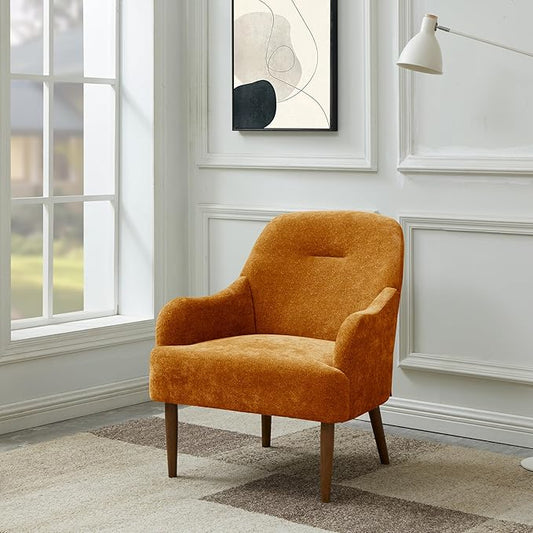 Chenille Armchair Modern Style Accent Chair with Wood Legs Comfy Design for Living Room Bedroom Office Orange