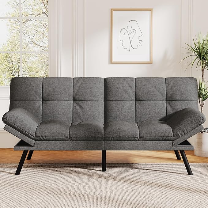 Vipbear Convertible Futon Sofa BedGrey Linen Futon Couch with Detachable CushionAdjustable Backrest &amp ArmrestModern Small Recliner Loveseat Sleeper Couch for Living RoomOfficeApartment