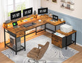 96.5''Office Desk with LED Lights L Shaped Gaming Desks with Power Outlets Two Person Computer Desk with Drawers &amp Monitor Shelf for Home Office Study Room and Bedroom Rustic Brown