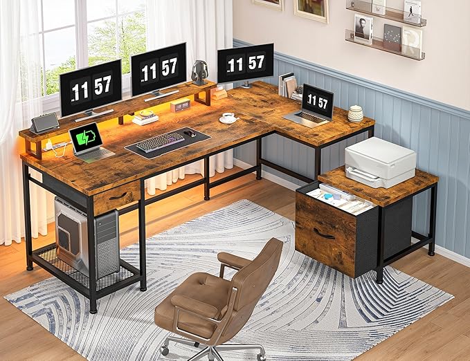 96.5''Office Desk with LED Lights L Shaped Gaming Desks with Power Outlets Two Person Computer Desk with Drawers &amp Monitor Shelf for Home Office Study Room and Bedroom Rustic Brown