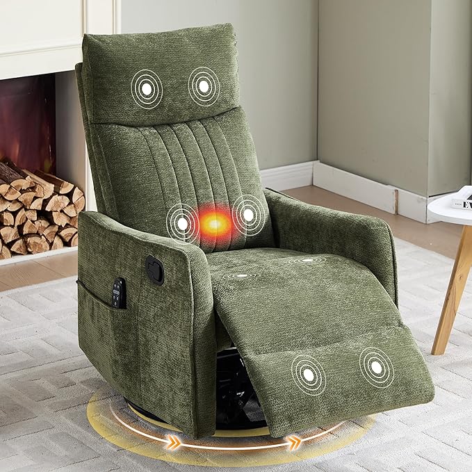 Manual Swivel Rocker Recliner Chair for Adults Overstuffed Glider Chair for Nursery with Massage and Heat Living Room Reclining Chair Fabric Green