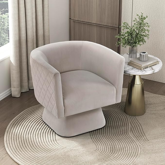 Lexicon 360 Degree Swivel Accent Chair Modern Comfy Velvet Barrel Chair Diamond Stitched Details Plush Foam Cushions Metal Swivel Base for Living Room/Bedroom/Apartment/Office Taupe