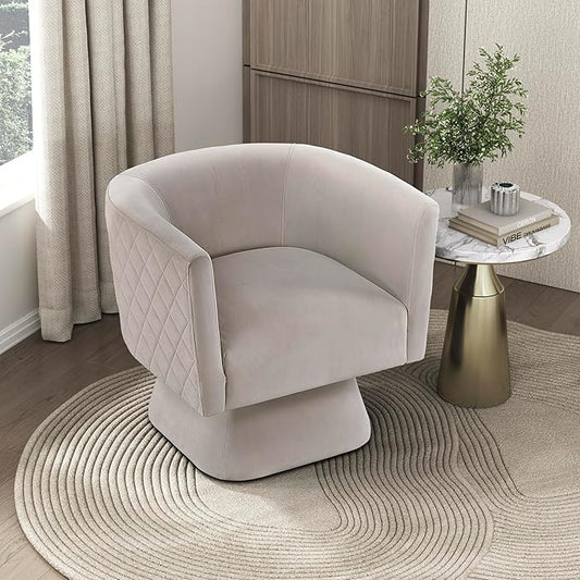 Lexicon 360 Degree Swivel Accent Chair Modern Comfy Velvet Barrel Chair Diamond Stitched Details Plush Foam Cushions Metal Swivel Base for Living Room/Bedroom/Apartment/Office Taupe