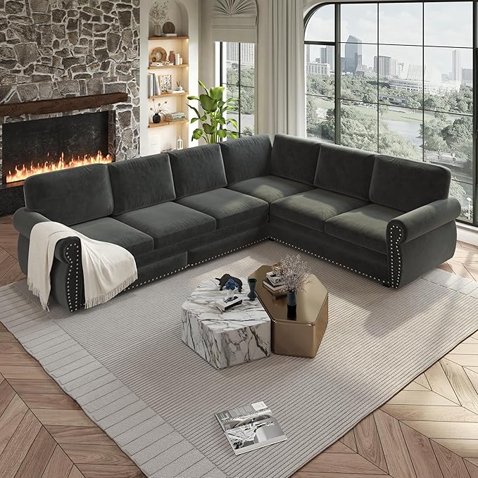118 L Shaped Sectional Sleeper Sofa Couch with Pull Out Bed Oversized Chenille Convertible Sectional Couches with Nailhead Trim &amp Rolled Arm for Living Room Removable Sofa CoverDark Gray