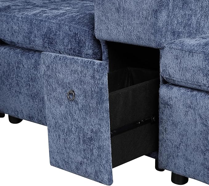 120.5 L-Shaped Convertible Sofa Bed with Pull-Out Bed Chenille Modular Sectional Sofa Reversible Sleeper with Cup Holders and Ample Storage Space for Living Room (Blue-120.5D)