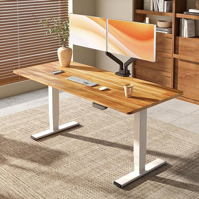 FLEXISPOT E6 MAX Woodix Acacia Solid Wood 60x30 Dual Motor Heavy Duty Standing Desk 330lbs Capacity 3-Stage Height Adjustable Desk w/Cable Management &amp Wheels(Natural Acacia Wood + White Frame