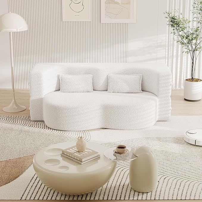 Floor Sofa Futon Cloud Couch Convertible Sofa Bed with 2 Pillows Teddy Fabric Foam-Filled Loveseat Sleeper Sofa Couches for Living Room 15 Full Size Folding Mattress No Assembly Required (Beige)