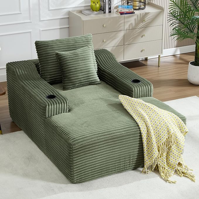 Boneless CouchComfy Fluffy Sofa BedUpholstered Sleeper Sofa Couch with Throw Pillows and ArmrestsCorduroy Plush Cloud Couches with Cup Holder Green
