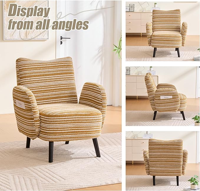 Modern Upholstered Armchair with Side Storage Pocket Fabric Reading Chair with Solid Wood Legs Ergonomic Accent Chair for Living Room Bedroom &amp Office (Yellow)